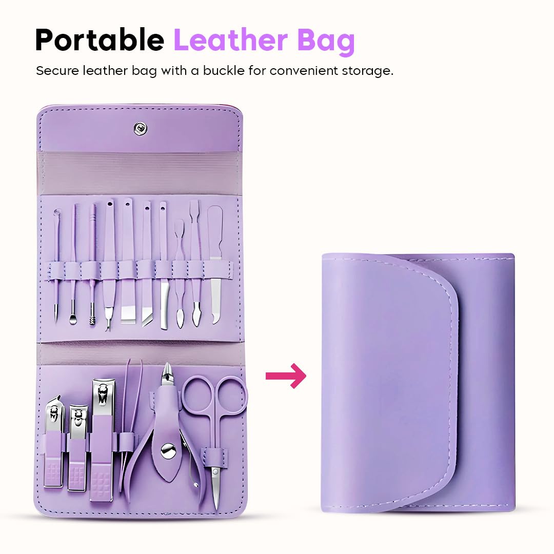 16-in-1 FIZZI SHOP manicure set with nail cutters, scissors, and tools arranged in a compact case for grooming and nail care.