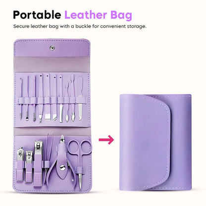 16-in-1 FIZZI SHOP manicure set with nail cutters, scissors, and tools arranged in a compact case for grooming and nail care.