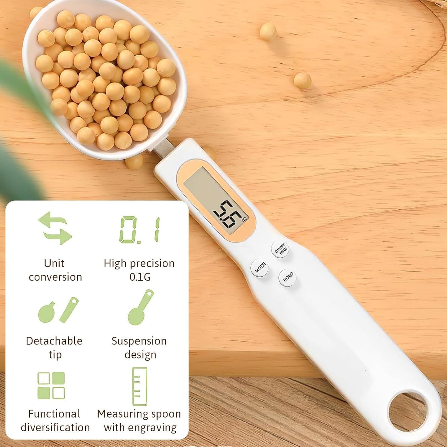 Digital electronic spice spoon from FIZZI SHOP showing a sleek, compact kitchen gadget with digital display for measuring spices up to 500g.