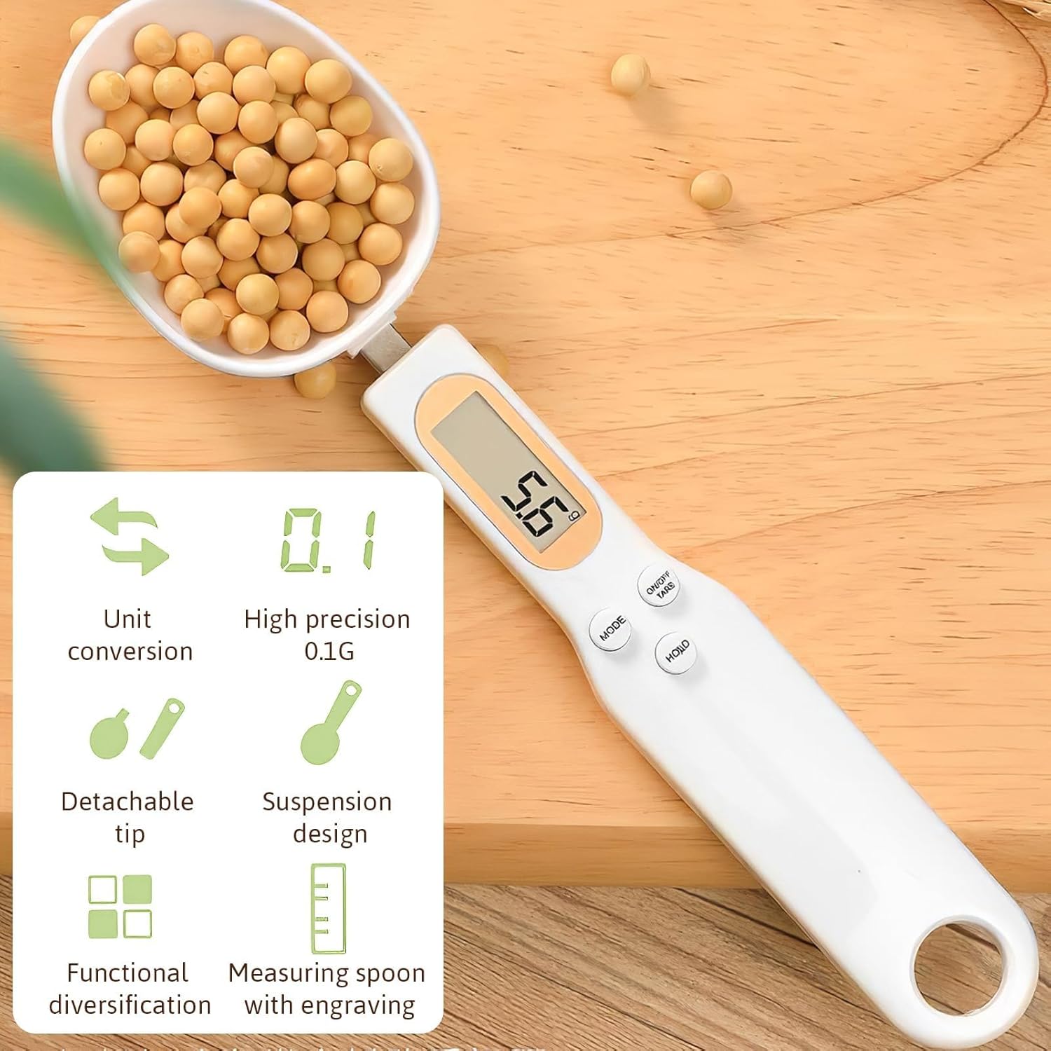 Digital electronic spice spoon from FIZZI SHOP showing a sleek, compact kitchen gadget with digital display for measuring spices up to 500g.