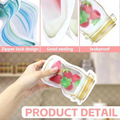Three FIZZI SHOP food storage jar zip lock bags arranged with food items and utensils in a kitchen setting.
