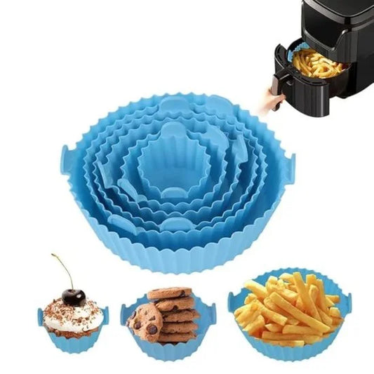 Six FIZZI SHOP air fryer silicone pots arranged for cooking, flexible and heat-resistant kitchen accessories for healthy frying.