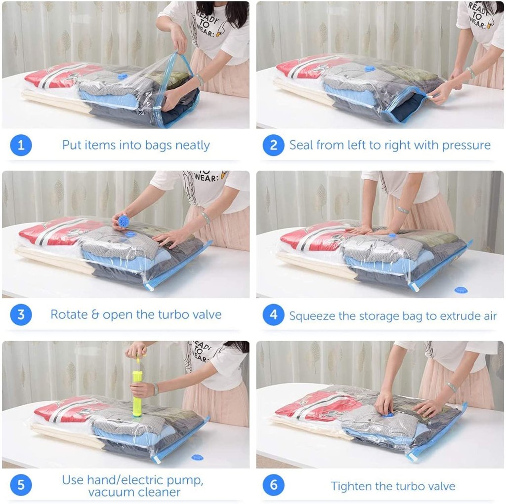 FIZZI SHOP big vacuum storage bags with a pump, showing five large clear bags and a hand pump for space-saving storage.