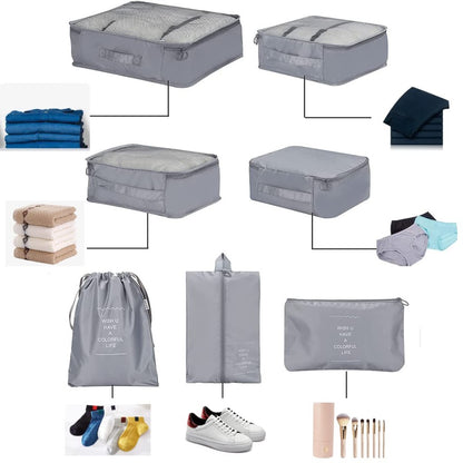 Seven-piece travel organizer pouch set by FIZZI SHOP with lightweight, compact storage bags for toiletries and accessories.