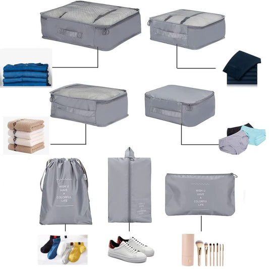 Seven-piece travel organizer pouch set by FIZZI SHOP with lightweight, compact storage bags for toiletries and accessories.