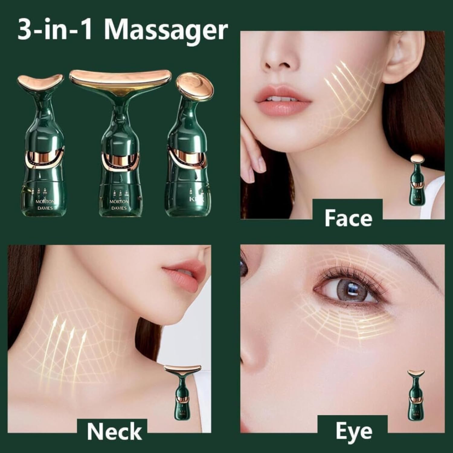 FIZZI SHOP 3-in-1 anti-wrinkles face, neck, and eyes massager showing the device with control buttons and attachments.