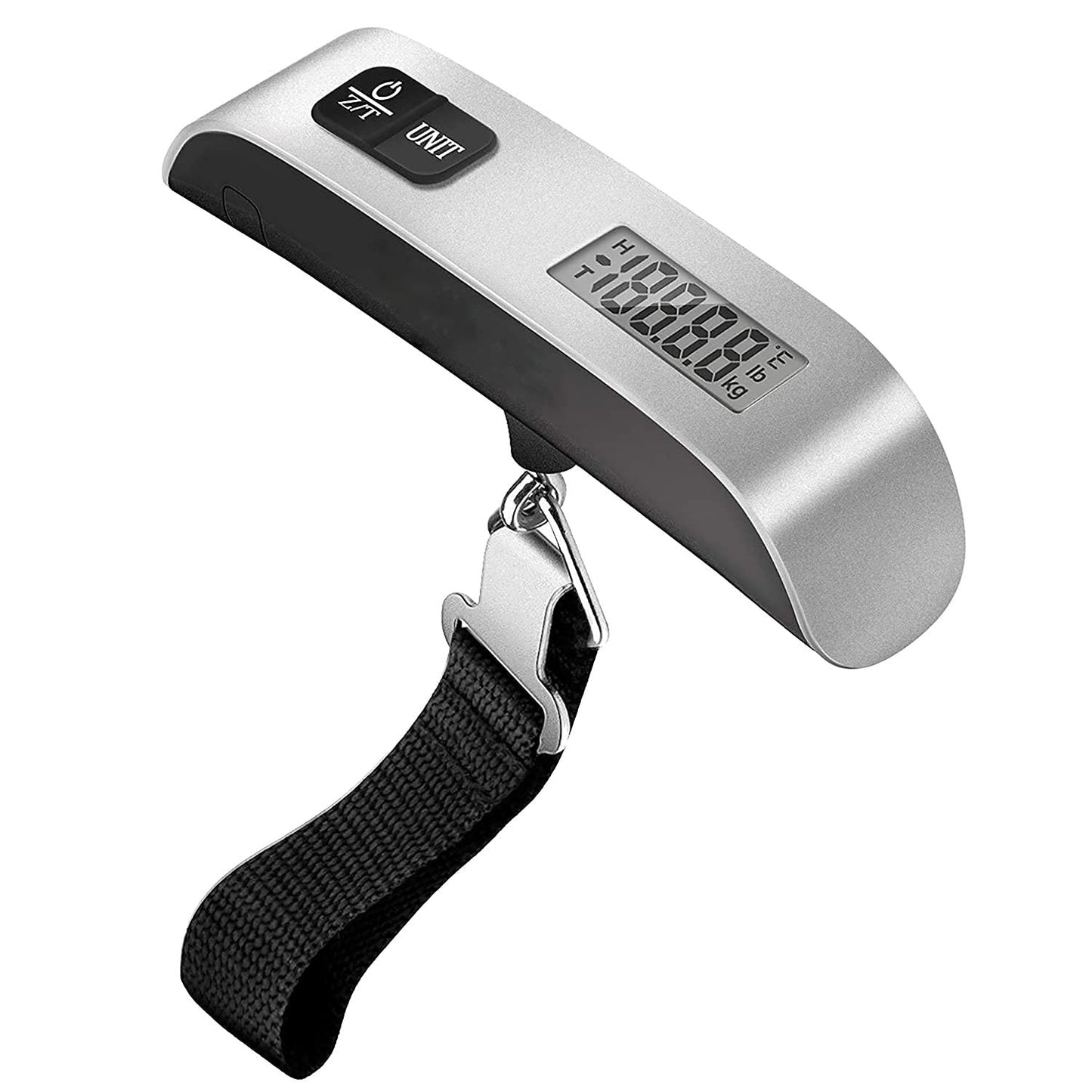 FIZZI SHOP metal luggage weight scale showing a digital display and a strap for weighing suitcases and travel bags.
