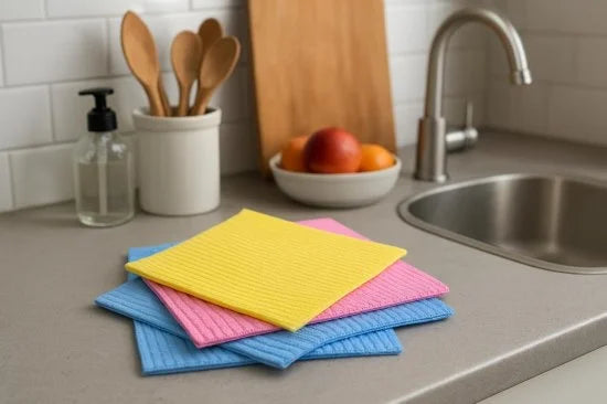 Set of five cellulose cleaning sponges from FIZZI SHOP, showing soft, absorbent sponges ideal for kitchen and cleaning tasks.