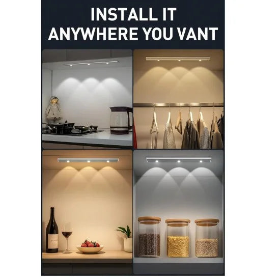 FIZZI SHOP motion sensor under cabinet lights with three color options, showcasing the sleek, energy-efficient LED lighting design.