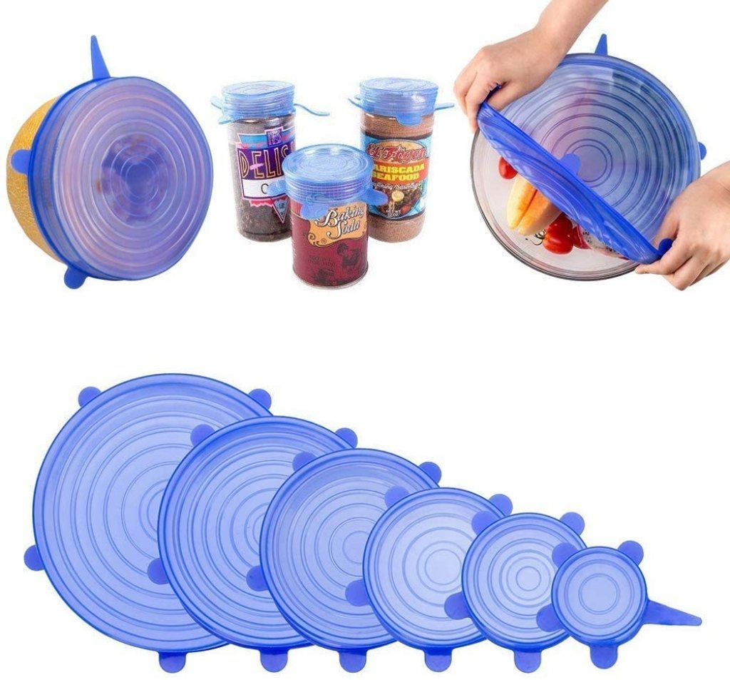 Six silicone lid covers from FIZZI SHOP, flexible and reusable silicone lids fitting various bowl sizes.