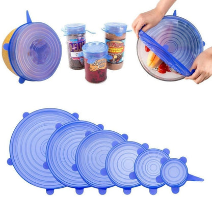 Six silicone lid covers from FIZZI SHOP, flexible and reusable silicone lids fitting various bowl sizes.