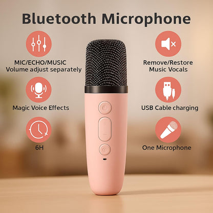 FIZZI SHOP wireless microphone with built-in Bluetooth speaker, showing the microphone and speaker setup on a table.