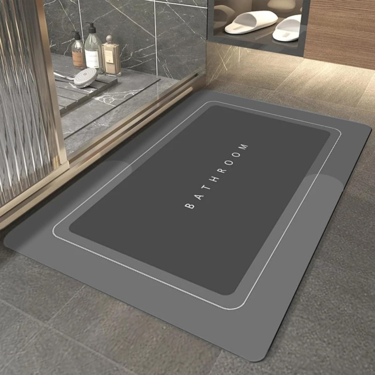 Square bathroom mat by FIZZI SHOP, soft absorbent fabric with a sleek design, perfect for bathroom decor.