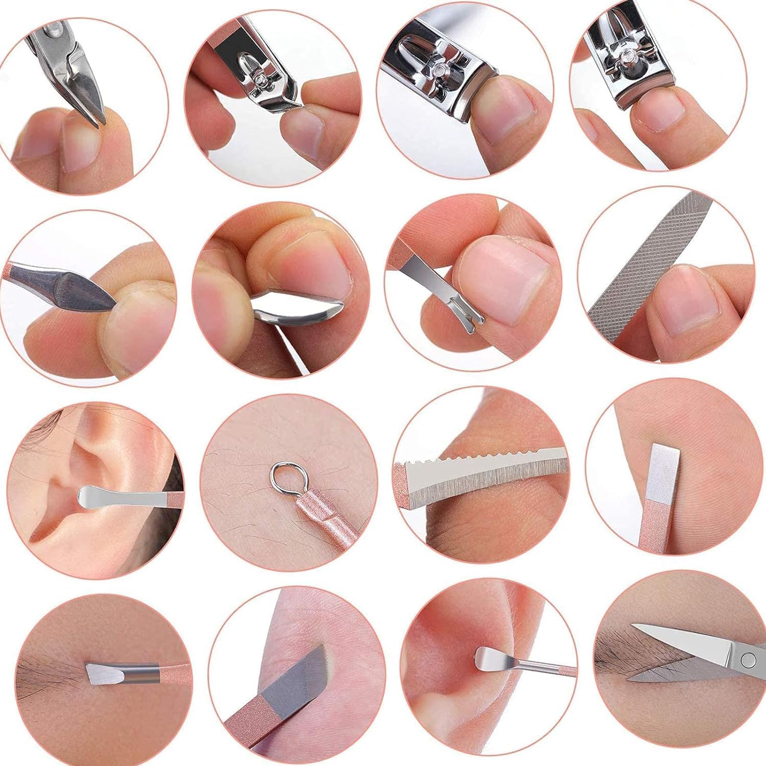 16-in-1 FIZZI SHOP manicure set with nail cutters, scissors, and tools arranged in a compact case for grooming and nail care.