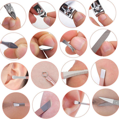 16-in-1 FIZZI SHOP manicure set with nail cutters, scissors, and tools arranged in a compact case for grooming and nail care.