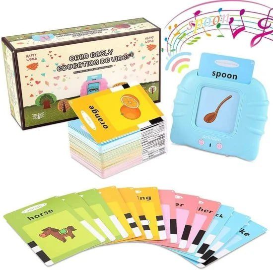 English talking flash cards education game toy by FIZZI SHOP showing colorful cards with words and images for learning English.