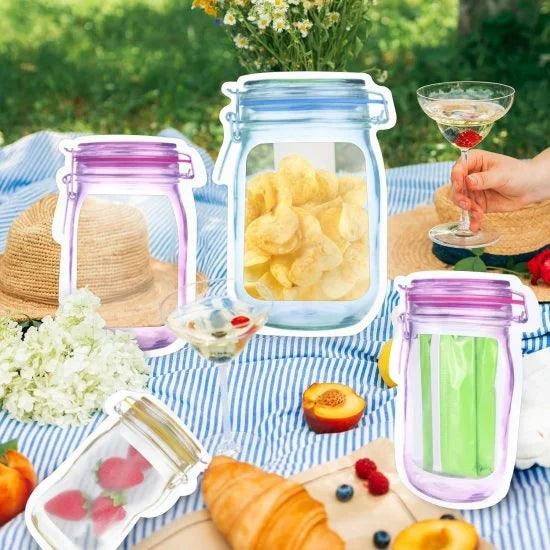 Three FIZZI SHOP food storage jar zip lock bags in various sizes, clear plastic with resealable closures for freshness.