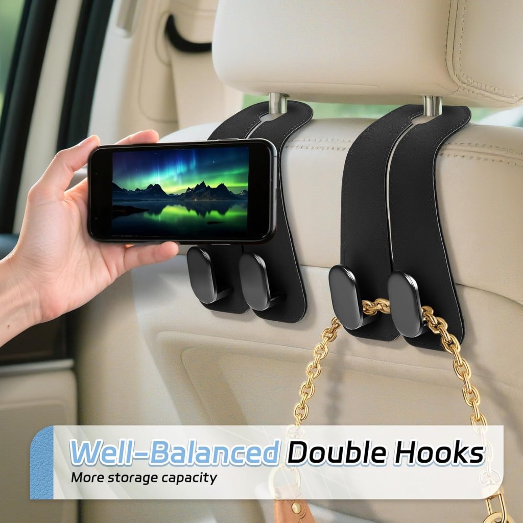 Leather car seat headrest hook by FIZZI SHOP, showing a close-up of the black leather hook attached to a car headrest.