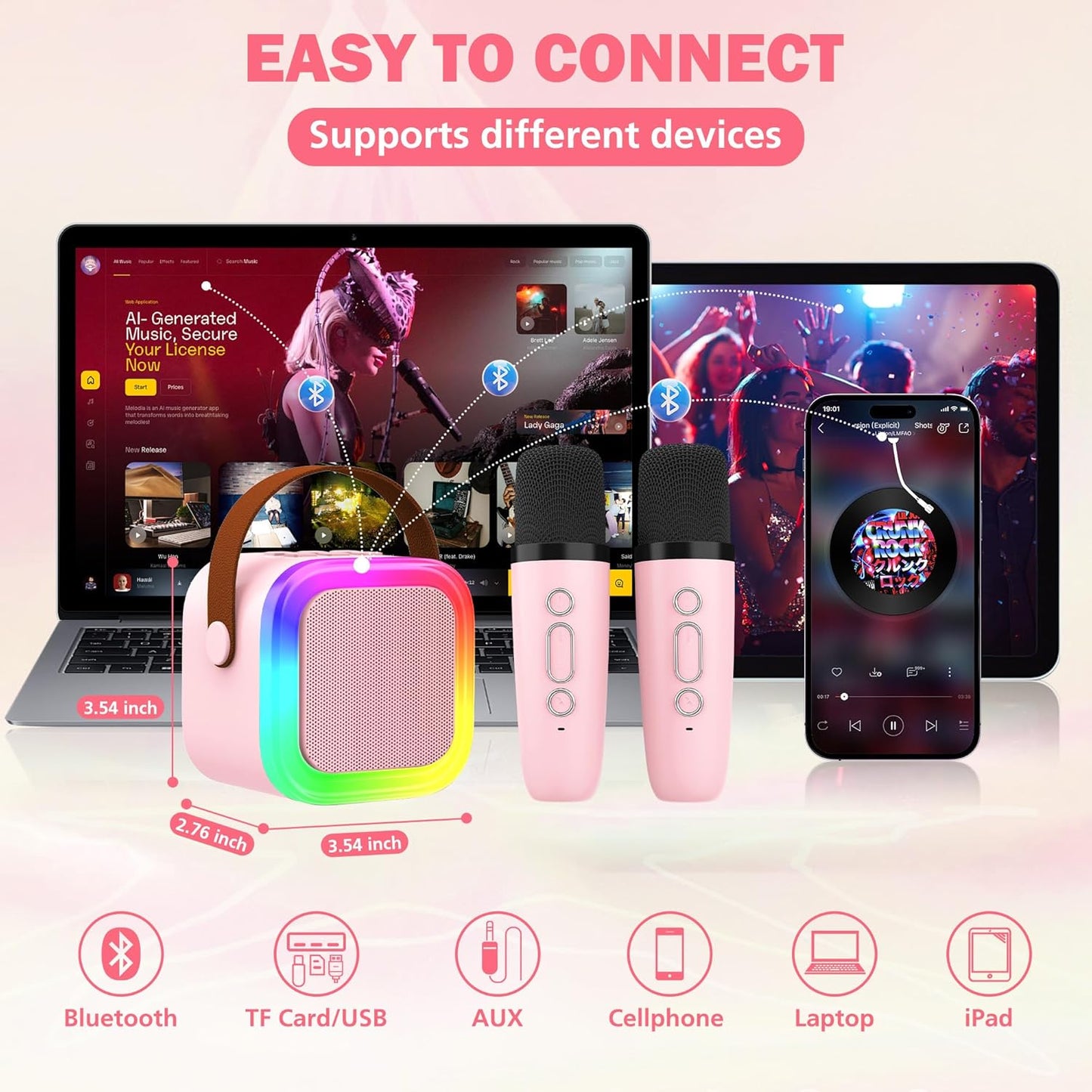 FIZZI SHOP Bluetooth microphone with built-in speaker, handheld device for singing and audio playback, black design.