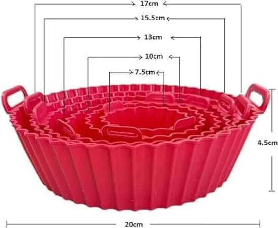 Six FIZZI SHOP air fryer silicone pots arranged in a stack, showing flexible, non-stick silicone material suitable for cooking.