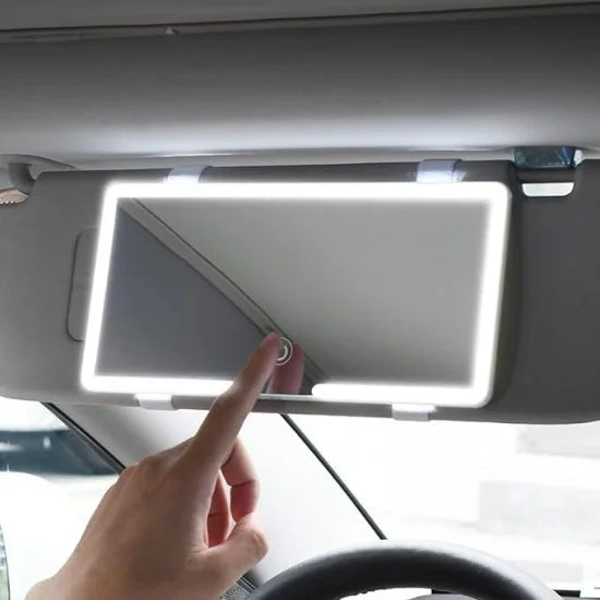 Rechargeable FIZZI SHOP vanity mirror with LED lights, compact car makeup mirror showing illuminated reflective surface