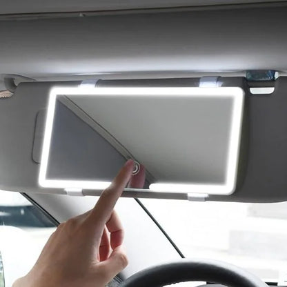 Rechargeable FIZZI SHOP vanity mirror with LED lights, compact car makeup mirror showing illuminated reflective surface