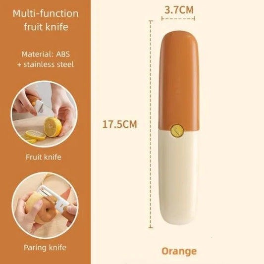 FIZZI SHOP 2-in-1 knife with peeler, stainless steel kitchen tool for slicing and peeling fruits and vegetables.
