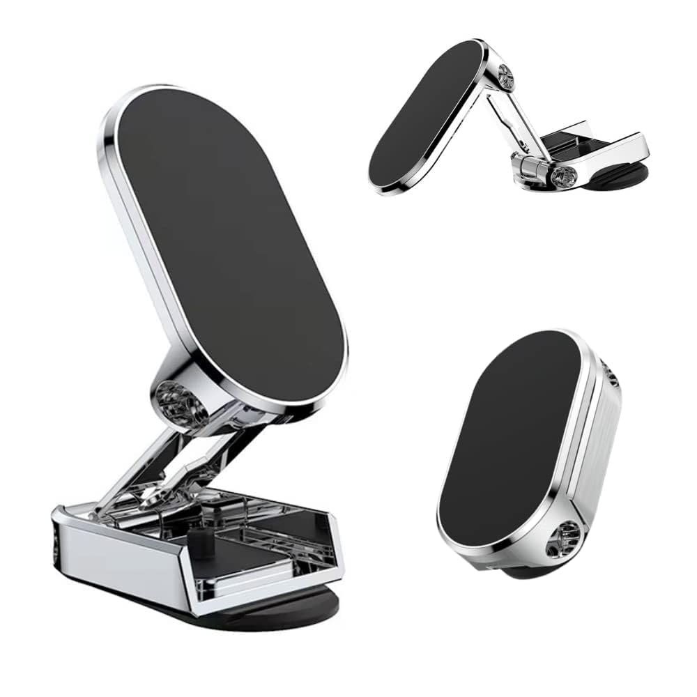 Magnetic car mobile holder with metal construction by FIZZI SHOP JK SIDHU, mounted on a car dashboard holding a smartphone securely.
