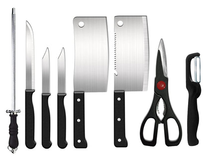 FIZZI SHOP JK SIDHU 8-piece knife set with stainless steel kitchen knives and black handles on a wooden surface.