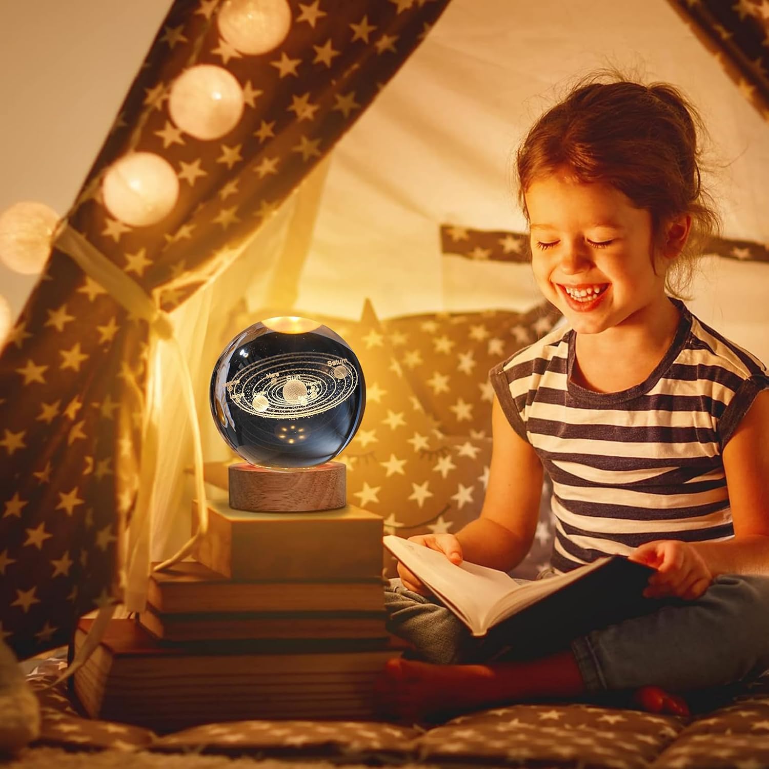3D Crystal Ball Night Lamp by FIZZI SHOP featuring a glowing, decorative glass sphere on a wooden base for ambient lighting