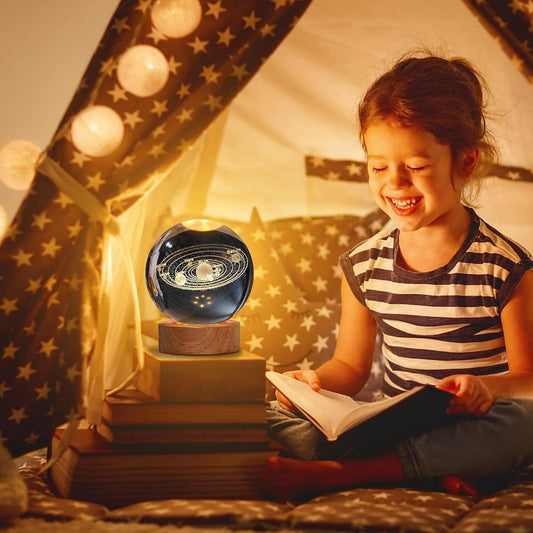 3D Crystal Ball Night Lamp by FIZZI SHOP featuring a glowing, decorative glass sphere on a wooden base for ambient lighting
