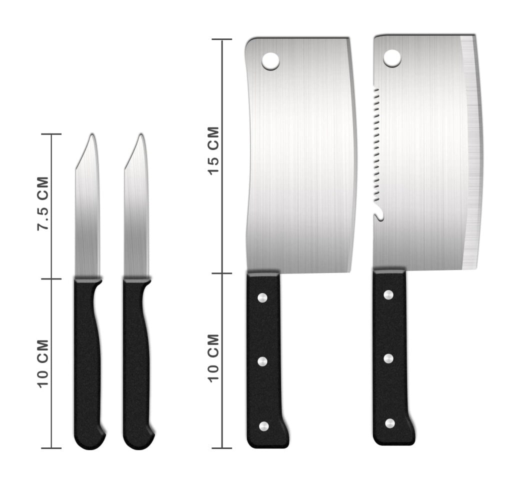FIZZI SHOP JK SIDHU 8-piece knife set with stainless steel blades and black handles, arranged on a cutting board.