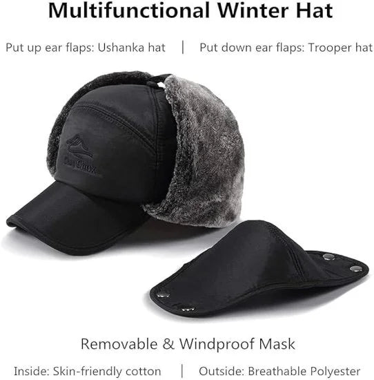 FIZZI SHOP winter woolen cap with attached face mask, warm knitted hat for cold weather, black color, close-up view