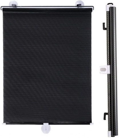 FIZZI SHOP portable sun shield window cover curtain blocking sunlight, black fabric with adjustable drawstrings, for car or home use.