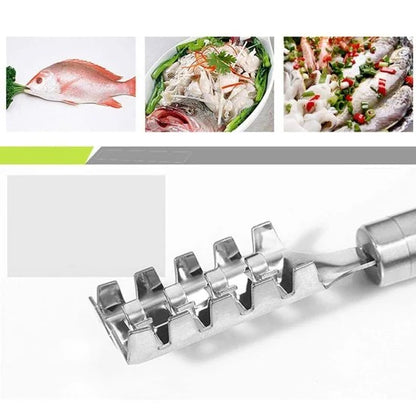 FIZZI SHOP fish scale remover scraper with ergonomic handle and stainless steel blade for easy fish cleaning.