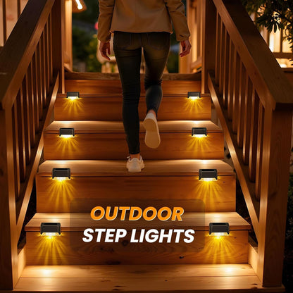 Set of 4 FIZZI SHOP Solar Step Lights showing outdoor LED lights mounted on steps for pathway illumination.