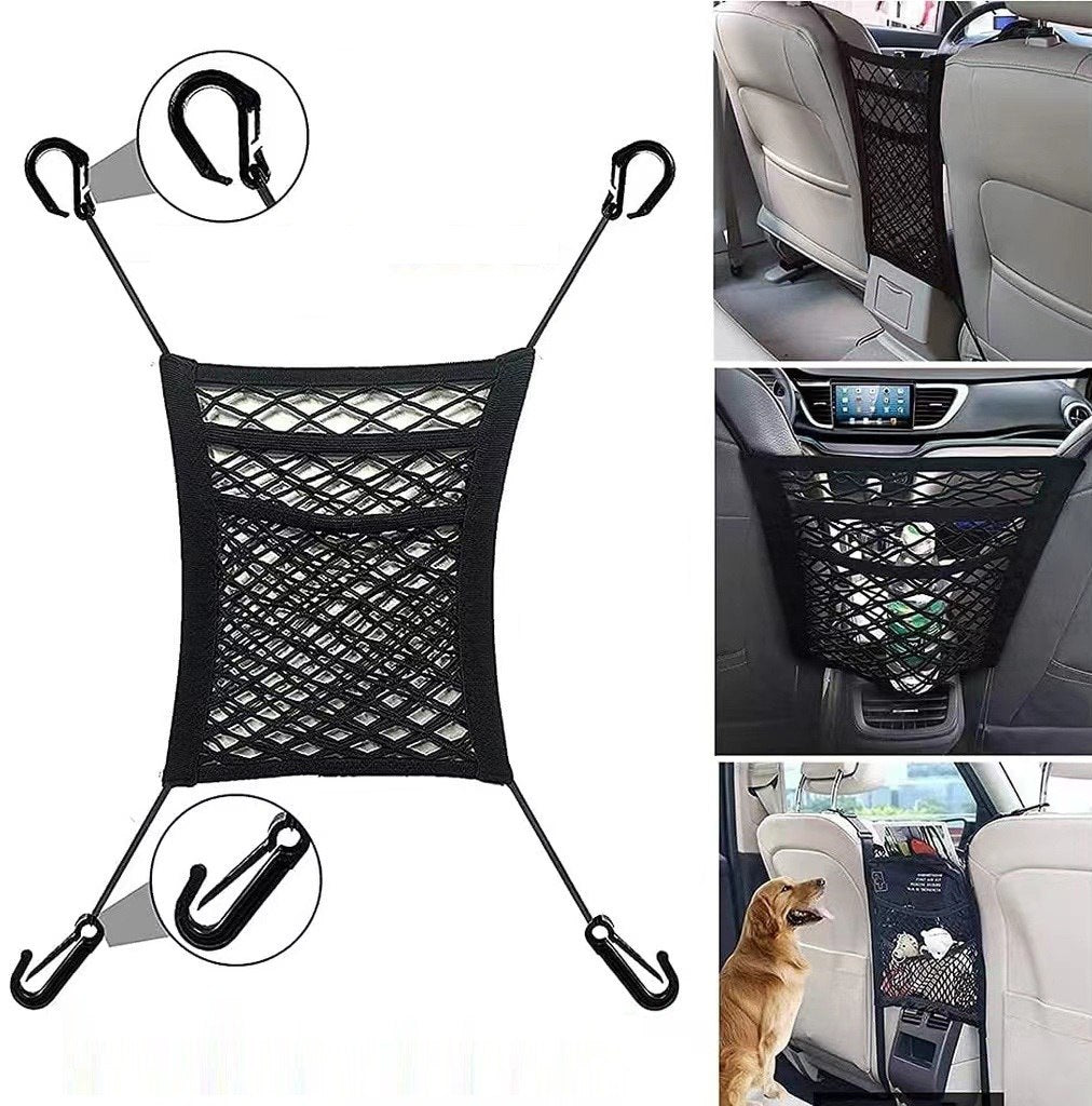 FIZZI SHOP 3-layer mesh car storage net attached to car trunk for organizing groceries and accessories.