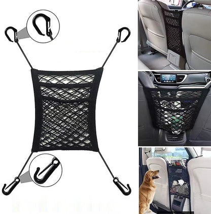 FIZZI SHOP 3-layer mesh car storage net attached to car trunk for organizing groceries and accessories.