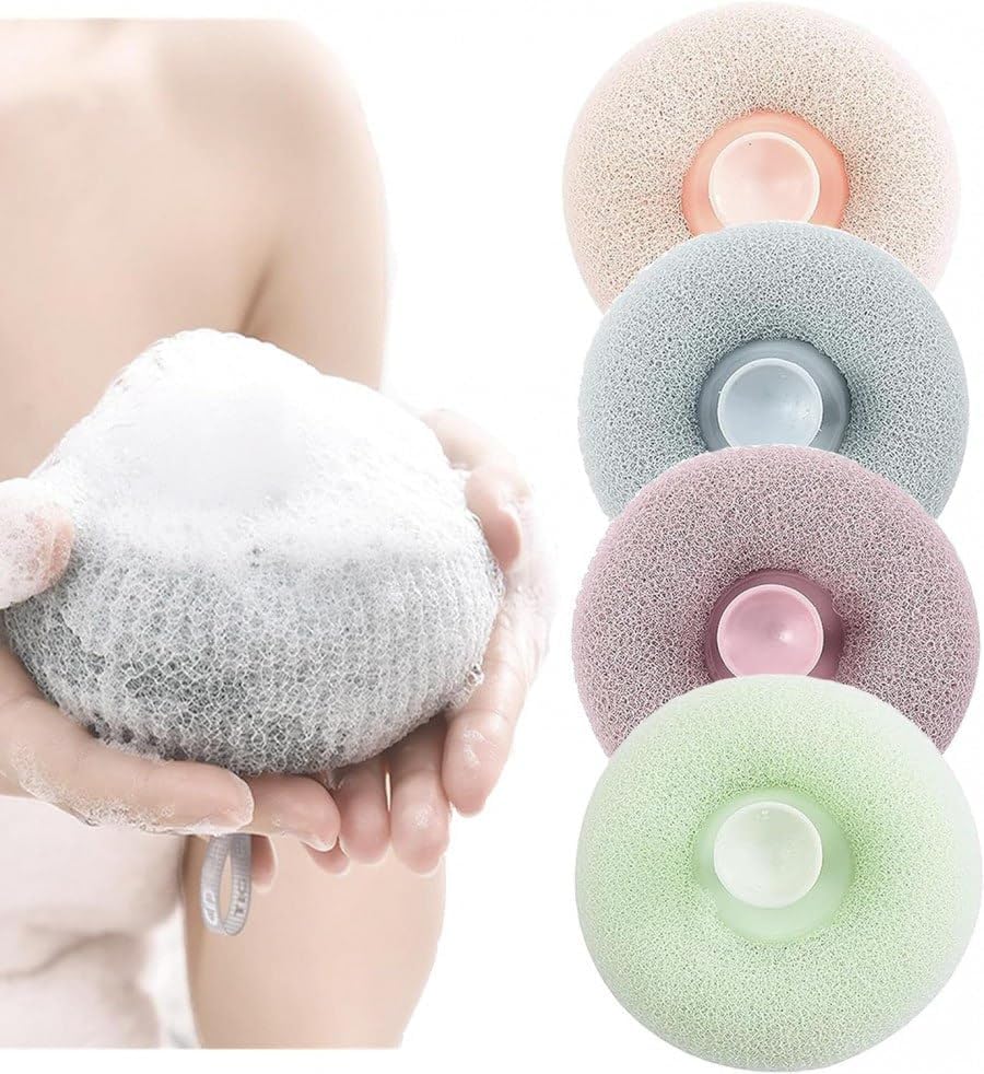 Round loofah scrubbing brush from FIZZI SHOP with textured natural fibers for gentle exfoliation and skin cleansing.