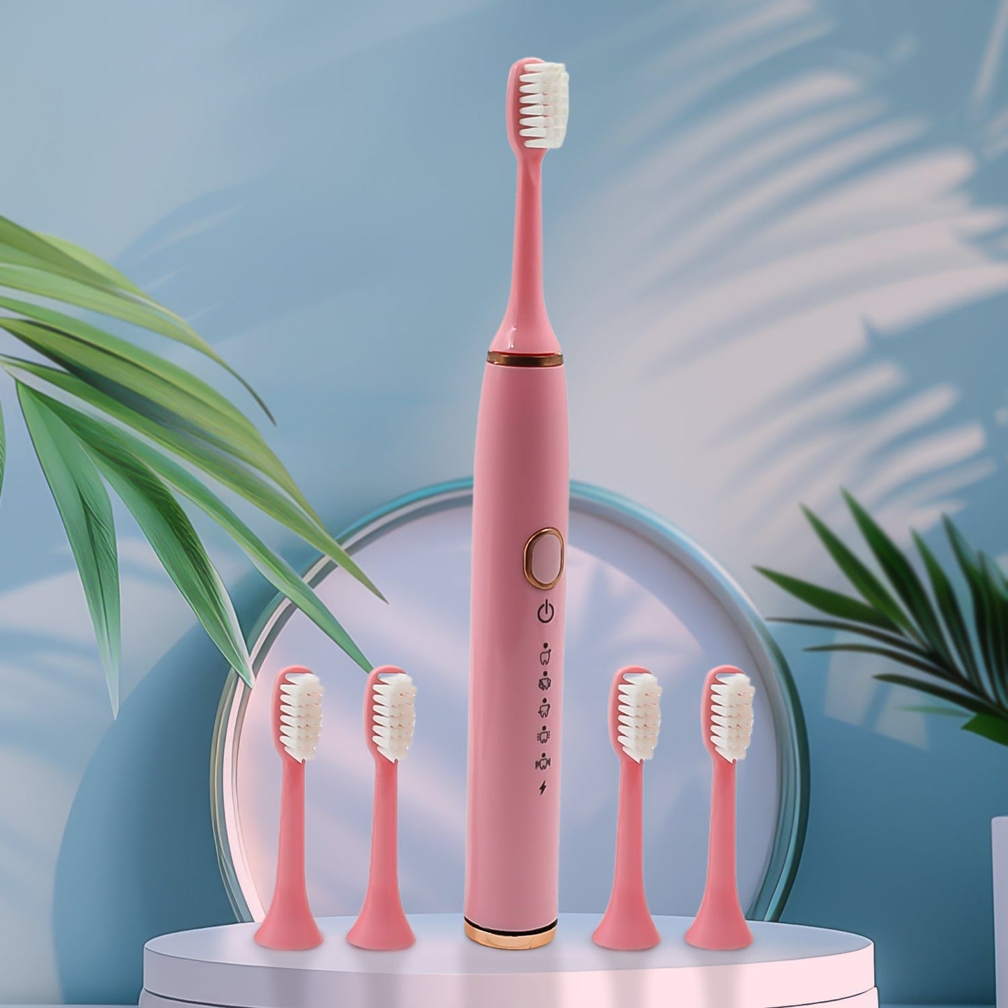 Adult waterproof electric toothbrush by Wukusy with four brush heads, USB chargeable, in mixed colors, ideal for oral health care.