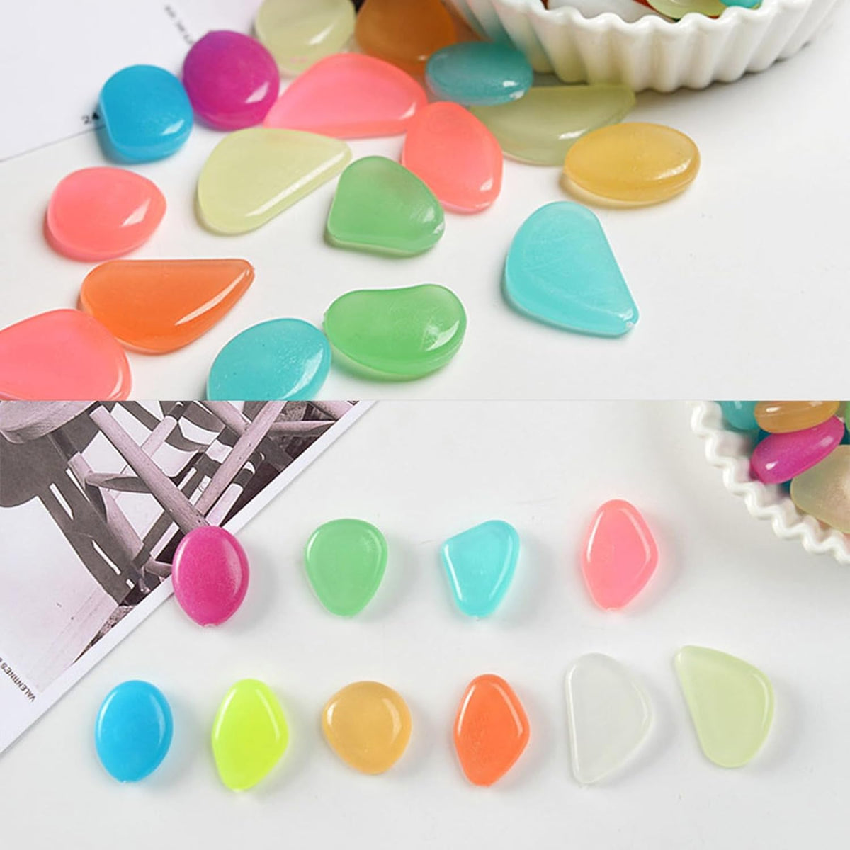 Colorful fluorescent pebbles for fishtank decoration, made of decorative stones by Drpshippr for aquariums.