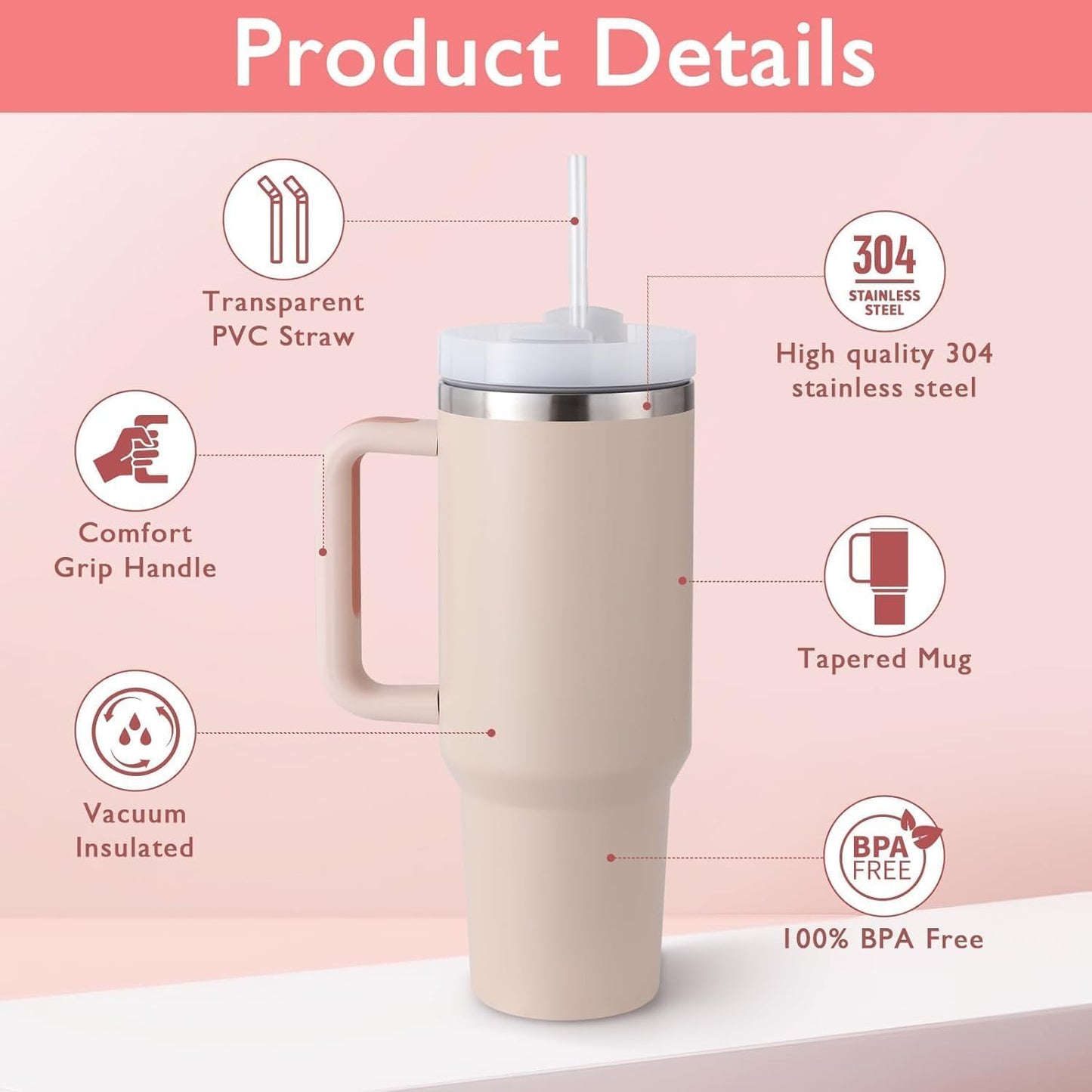 FIZZI SHOP 1200ml tumbler with lid and straw, stainless steel water bottle with spill-proof lid and reusable straw for drinks