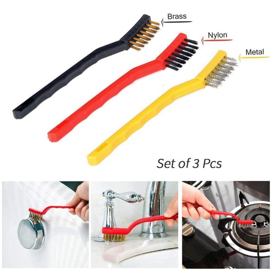 Set of three mini wire brushes by FIZZI SHOP, featuring small metal bristles for detailed cleaning and scraping tasks.