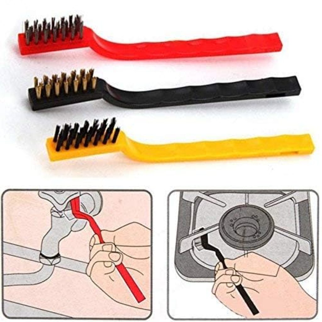 Set of 3 FIZZI SHOP mini wire brushes with metal bristles for cleaning and scrubbing small surfaces and tight spaces.