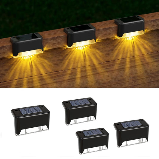 Set of four FIZZI SHOP solar step lights illuminated for outdoor pathway lighting with sleek, modern design.