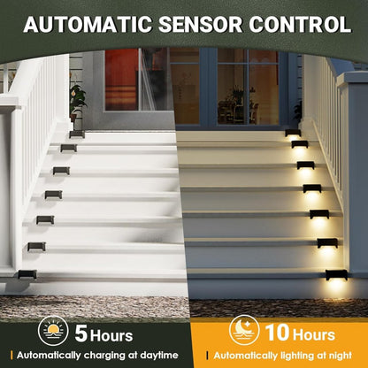 Set of 4 FIZZI SHOP solar step lights showing sleek design and integrated solar panels for outdoor pathway lighting.
