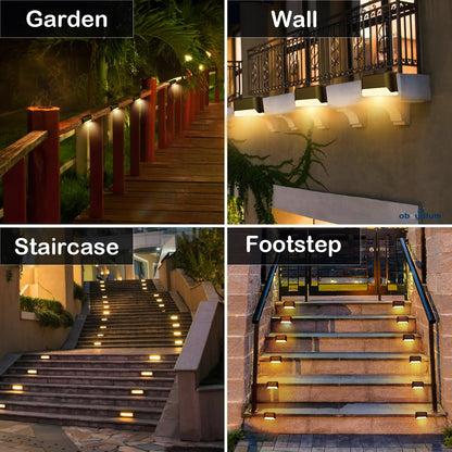 Set of 4 FIZZI SHOP solar step lights installed along a pathway, providing outdoor illumination during nighttime.