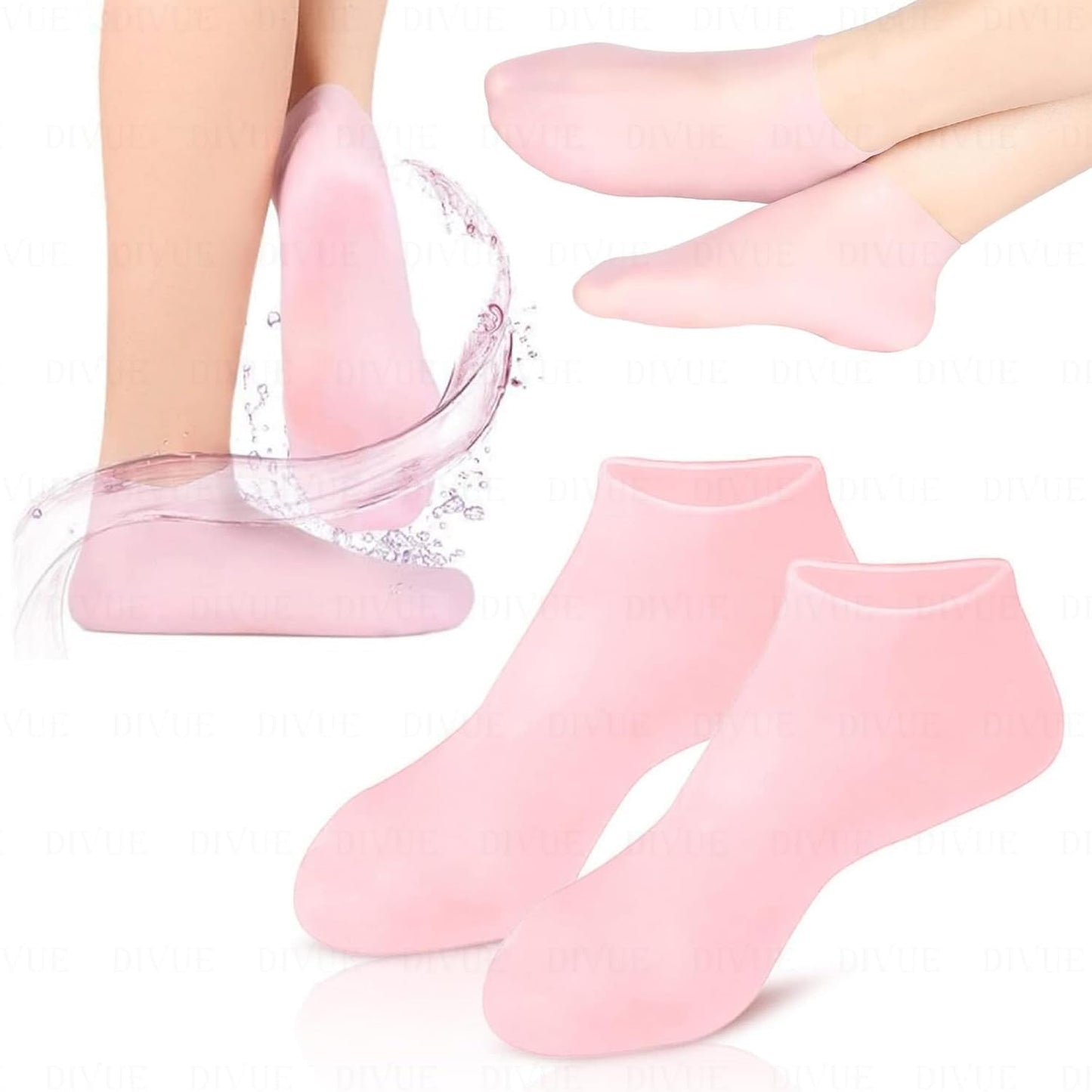 Aloe silicone heel moisturizer socks by FIZZI SHOP shown on feet, featuring soft aloe-infused silicone for heel hydration and care.