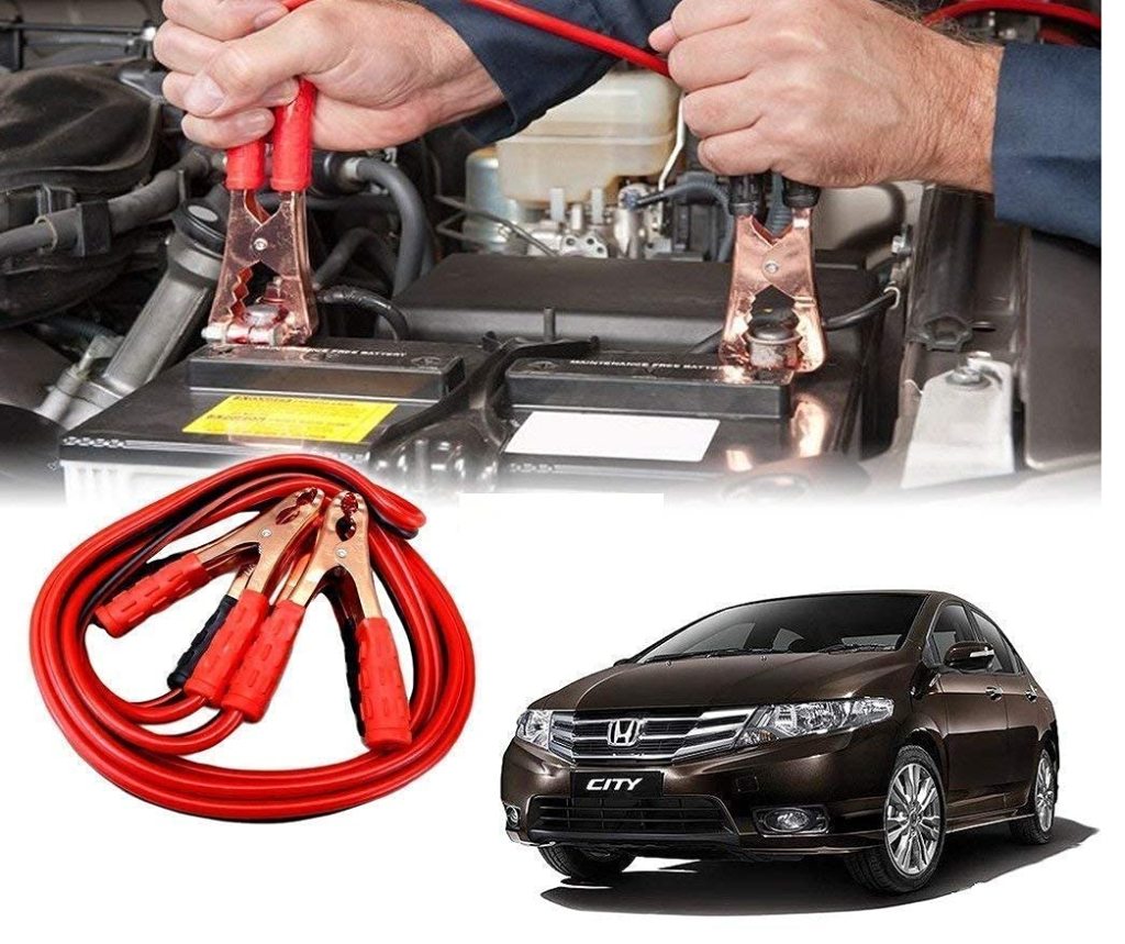 FIZZI SHOP 500AMP booster cable with heavy-duty clamps for jump-starting vehicles, shown in a close-up view.