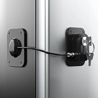 Child safety lock with key from FIZZI SHOP, secure plastic lock to prevent access, shown with key and mounting mechanism.